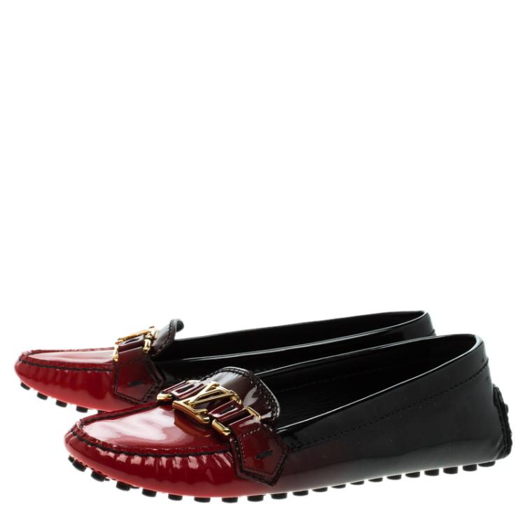 Pre Owned Louis Vuitton Black And Red Gradient Patent Leather Oxford Loafers Size 37