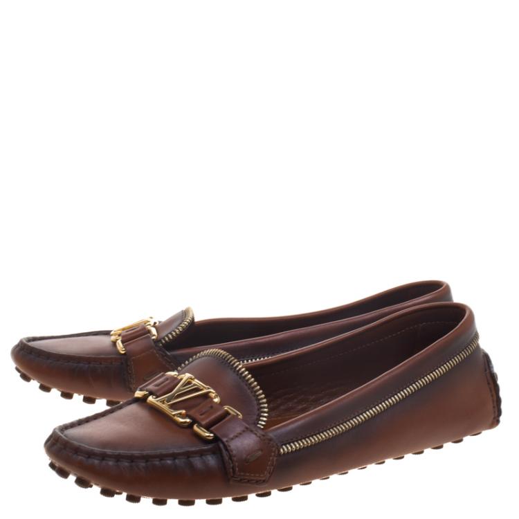 Pre Owned Louis Vuitton Brown Leather Zip Detail Oxford Loafers Size 37