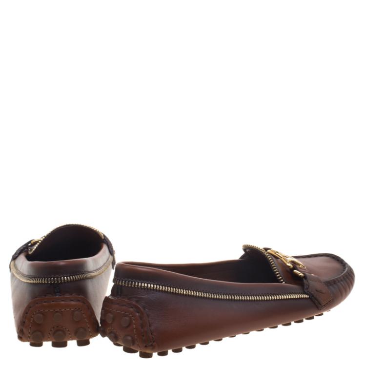 Pre Owned Louis Vuitton Brown Leather Zip Detail Oxford Loafers Size 37
