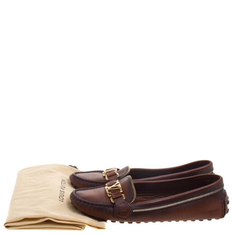Pre Owned Louis Vuitton Brown Leather Zip Detail Oxford Loafers Size 37