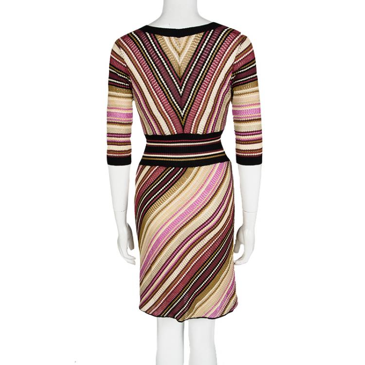 Pre Owned M Missoni Multicolor Striped Perforated Knit V-Neck Dress S