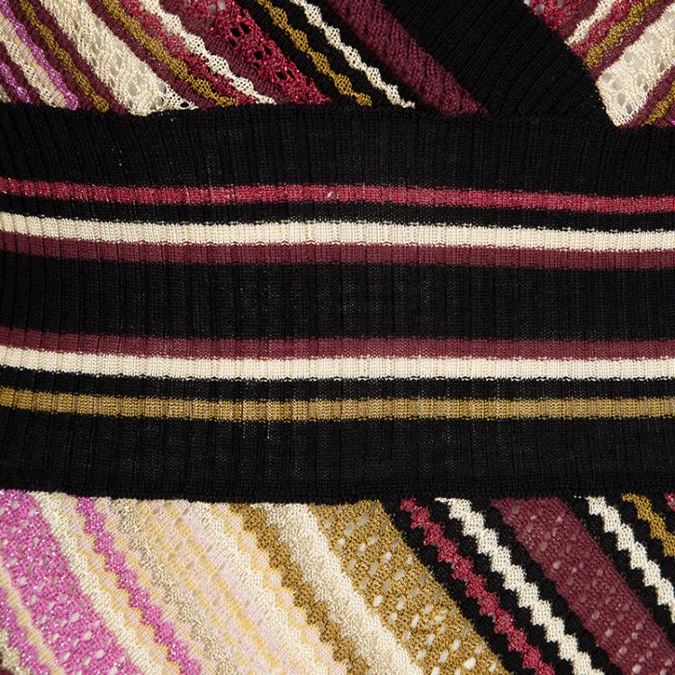 Pre Owned M Missoni Multicolor Striped Perforated Knit V-Neck Dress S