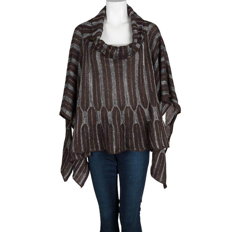 Pre Owned M Missoni Brown Lurex Knit Turtle Neck High Low Poncho L