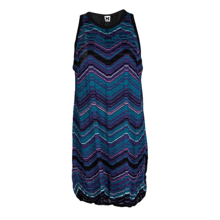 Pre Owned M Missoni Blue Chevron Patterned Knit Sleeveless Dress L