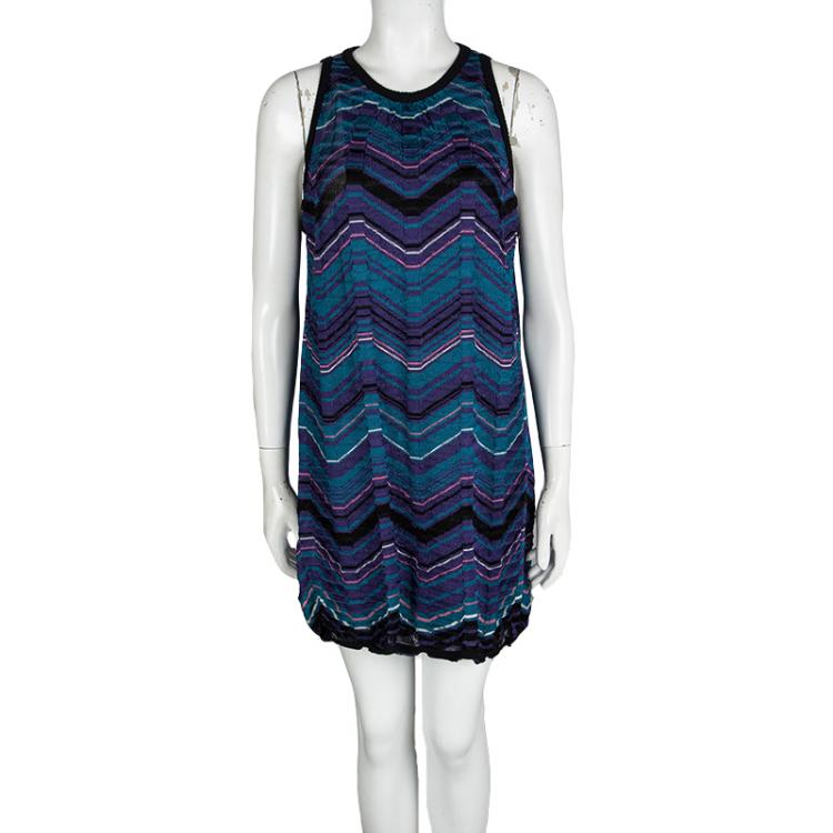 Pre Owned M Missoni Blue Chevron Patterned Knit Sleeveless Dress L