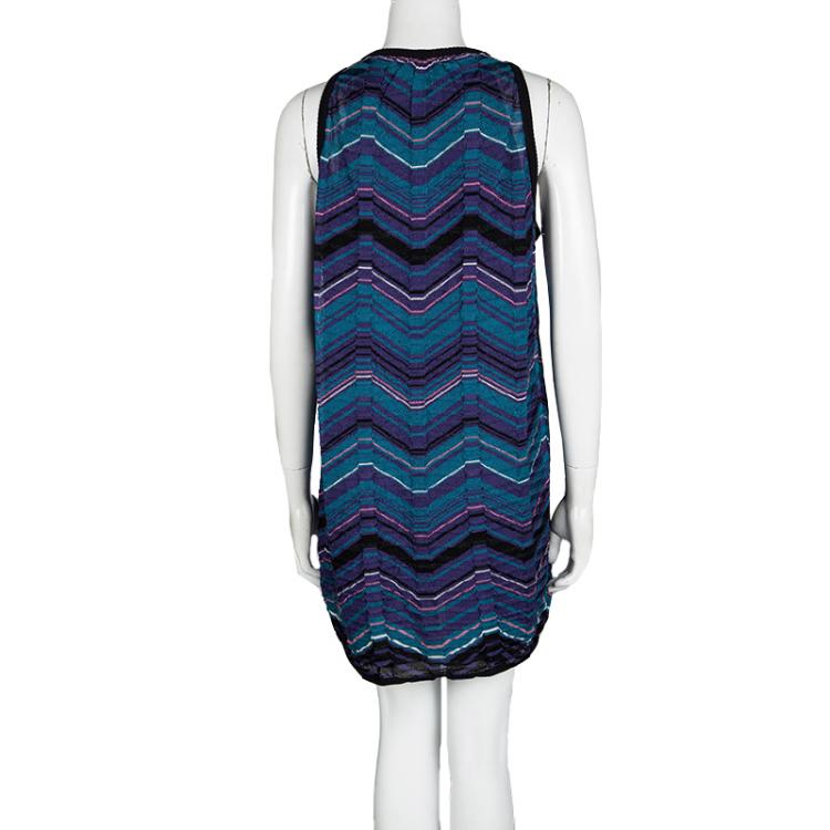 Pre Owned M Missoni Blue Chevron Patterned Knit Sleeveless Dress L