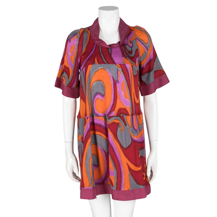 Pre Owned M Missoni Multicolour Printed Contrast Silk Trim Detail Short Sleeve Dress M