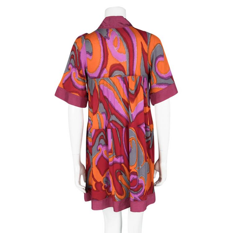 Pre Owned M Missoni Multicolour Printed Contrast Silk Trim Detail Short Sleeve Dress M