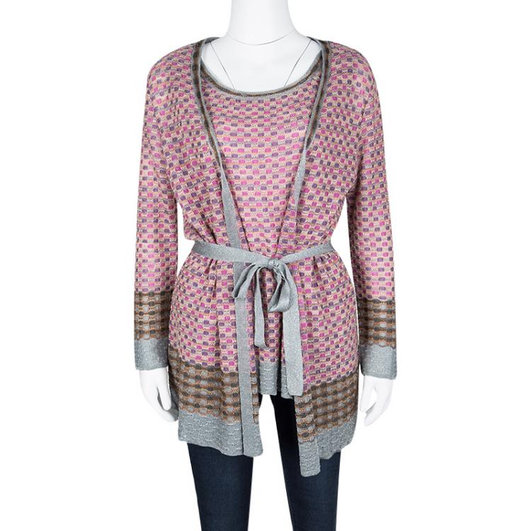 Pre Owned M Missoni Multicolor Lurex Knit Detail Top and Belted Cardigan Set L