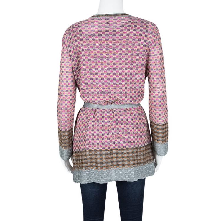 Pre Owned M Missoni Multicolor Lurex Knit Detail Top and Belted Cardigan Set L
