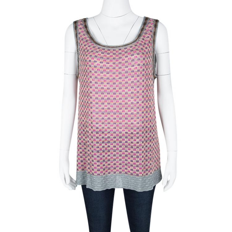 Pre Owned M Missoni Multicolor Lurex Knit Detail Top and Belted Cardigan Set L