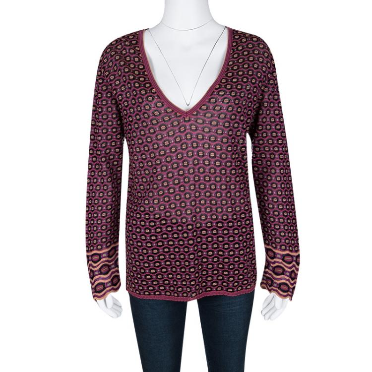 Pre Owned M Missoni Multicolor Textured Knit V Neck Long Sleeve Top L