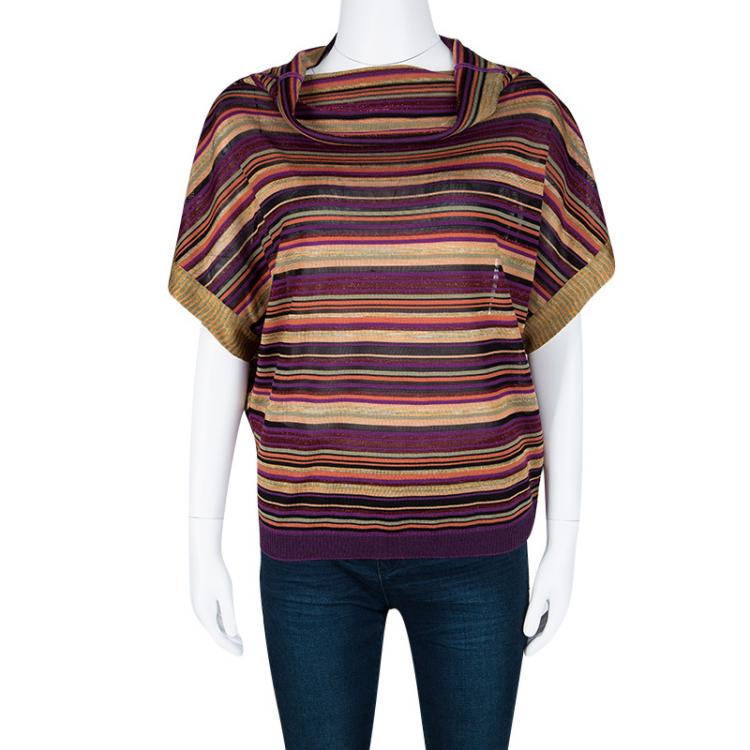 Pre Owned M Missoni Multicolor Striped Lurex Knit Draped Neck Detail Top S