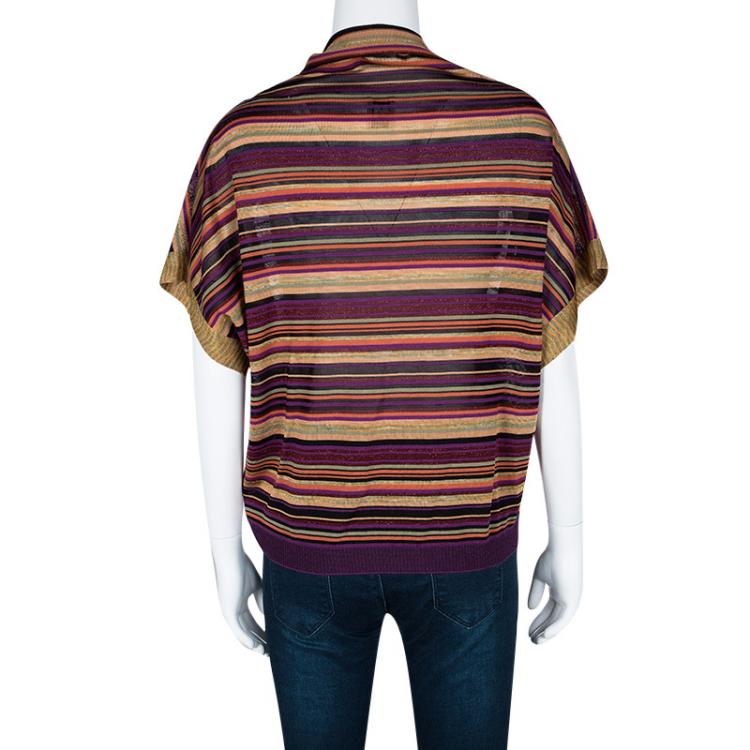 Pre Owned M Missoni Multicolor Striped Lurex Knit Draped Neck Detail Top S