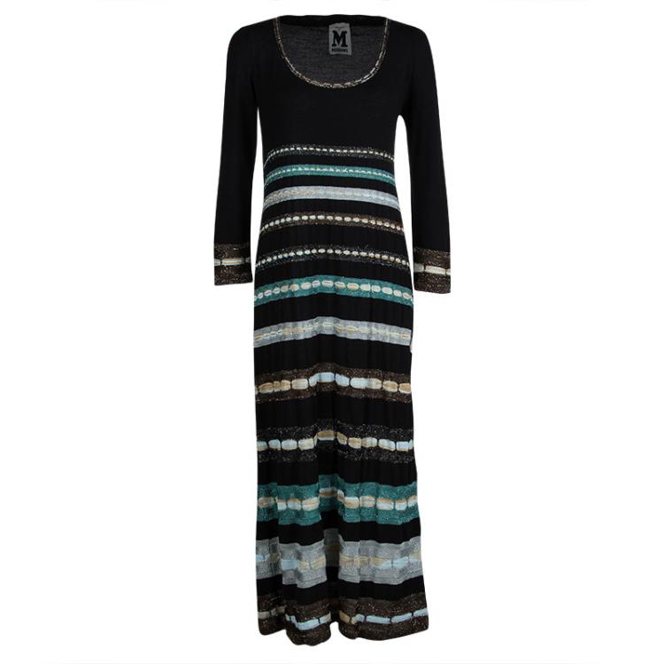 Pre Owned M Missoni Black Knit Metallic Striped Long Sleeve Maxi Dress L