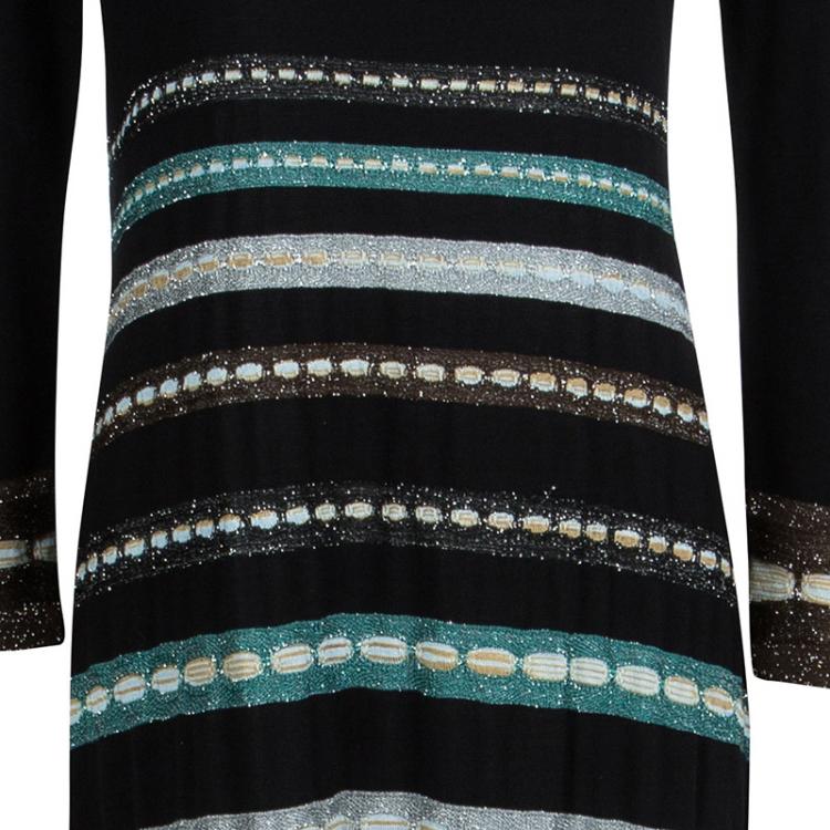 Pre Owned M Missoni Black Knit Metallic Striped Long Sleeve Maxi Dress L