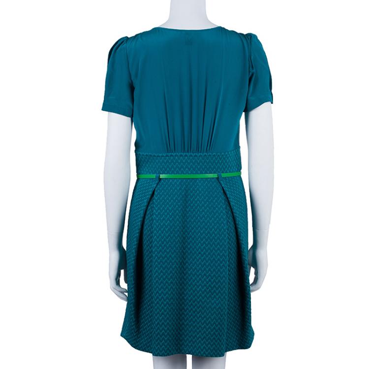 Pre Owned M Missoni Blue Chiffon Textured Belted Dress M