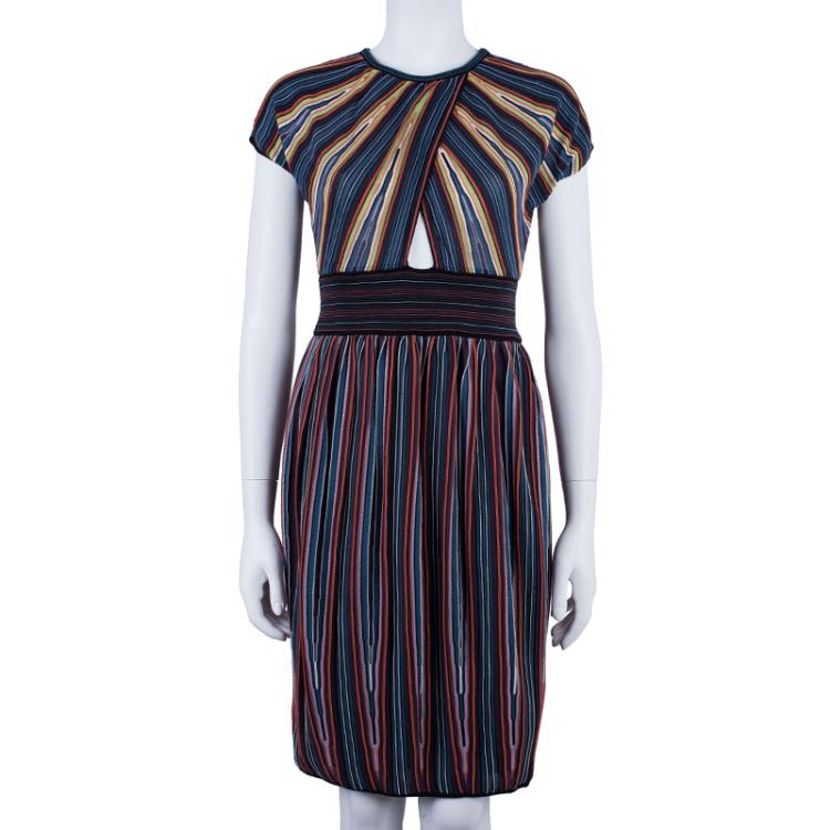 Pre Owned M Missoni Criss-Cross Short Sleeve Pleated Multicolor Dress M