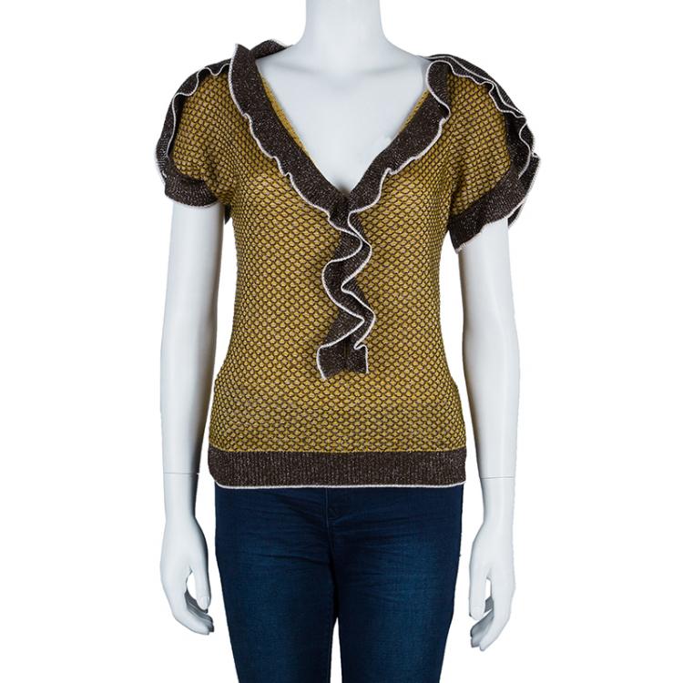 مملوكة مسبقًا M Missoni Brown Ruffle Neck Top M