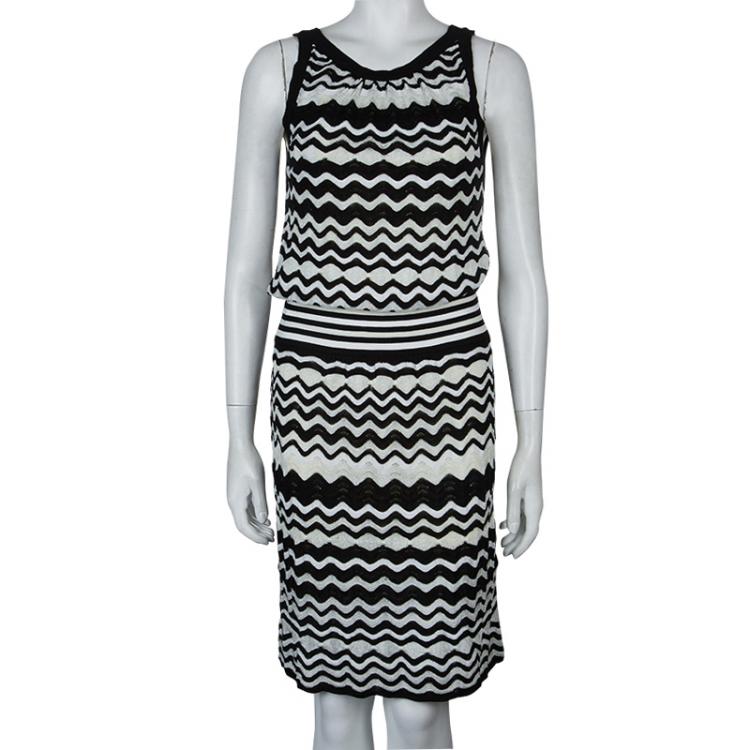 Pre Owned M Missoni Monochrome Knit Wave Pattern Sleeveless Dress L