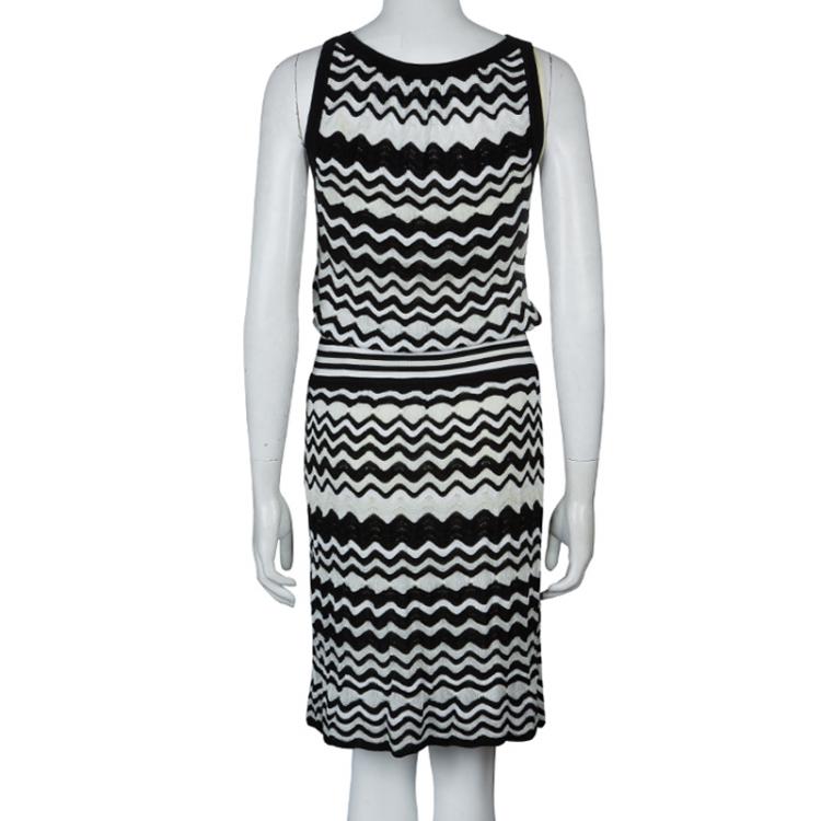 Pre Owned M Missoni Monochrome Knit Wave Pattern Sleeveless Dress L