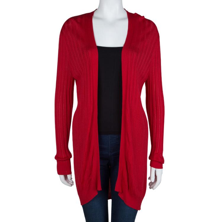 مملوكة مسبقًا M Missoni Red Knit Open Front Long Cardigan L