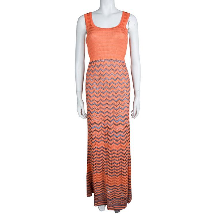 Pre Owned M Missoni Orange Knit Chevron Pattern Sleeveless Maxi Dress S