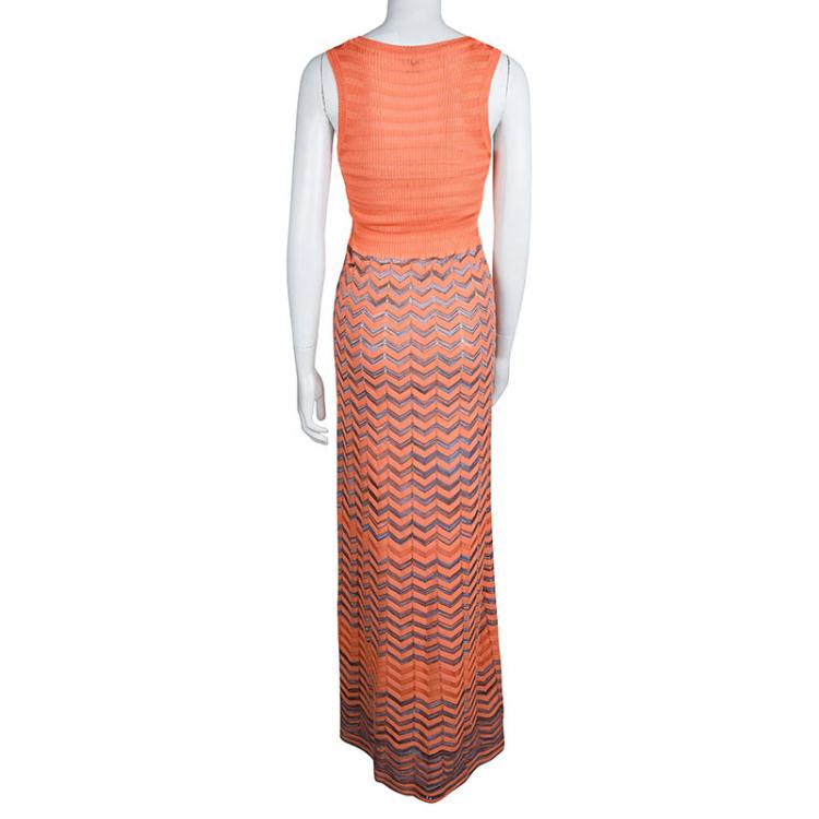 Pre Owned M Missoni Orange Knit Chevron Pattern Sleeveless Maxi Dress S