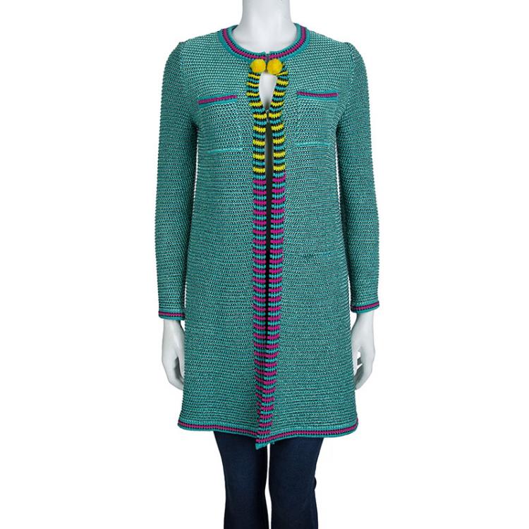 Pre Owned M Missoni Turquoise Chunky Knit Pom-Pom Detail Long Cardigan S