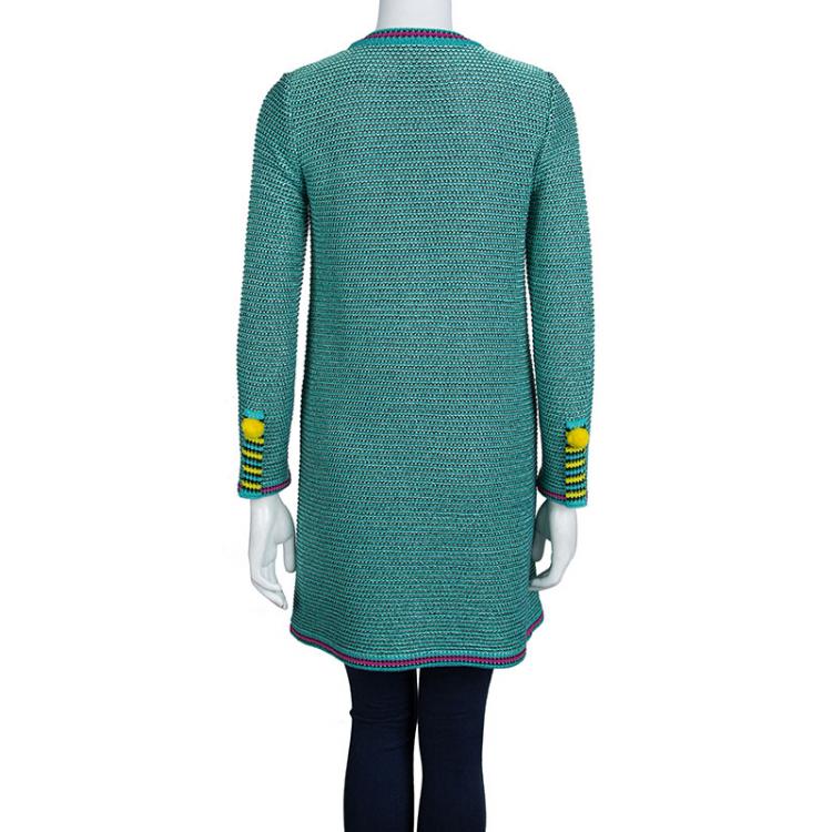 Pre Owned M Missoni Turquoise Chunky Knit Pom-Pom Detail Long Cardigan S