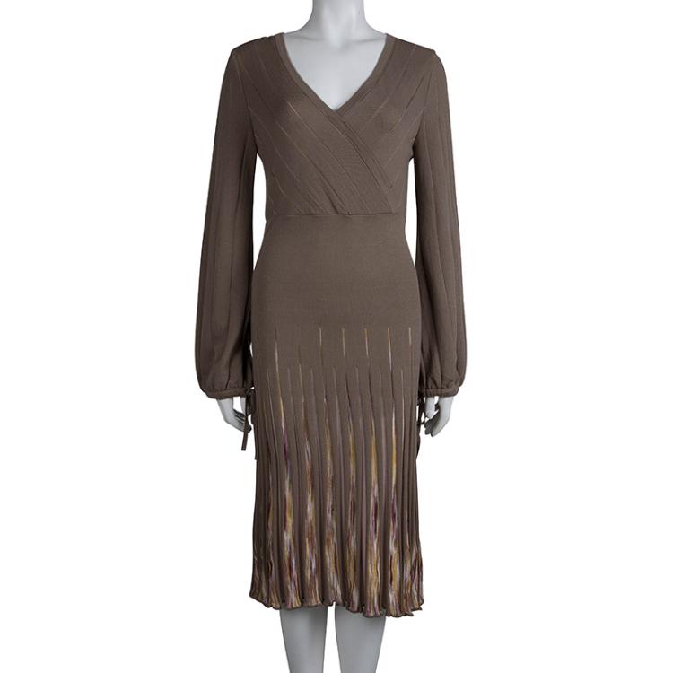 Pre Owned M Missoni Brown Wool Long Sleeve Sweater Dress L