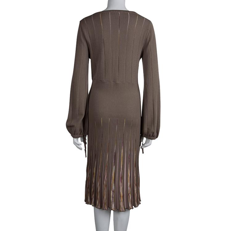 Pre Owned M Missoni Brown Wool Long Sleeve Sweater Dress L