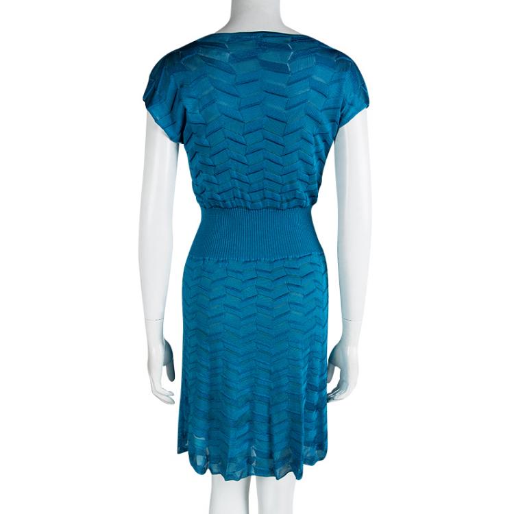 Pre Owned M Missoni Blue Zig-Zag Knit Dress S