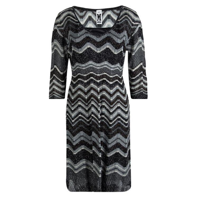 Pre Owned M Missoni Multicolor Lurex Knit Chevron Pattern Long Sleeve Dress M