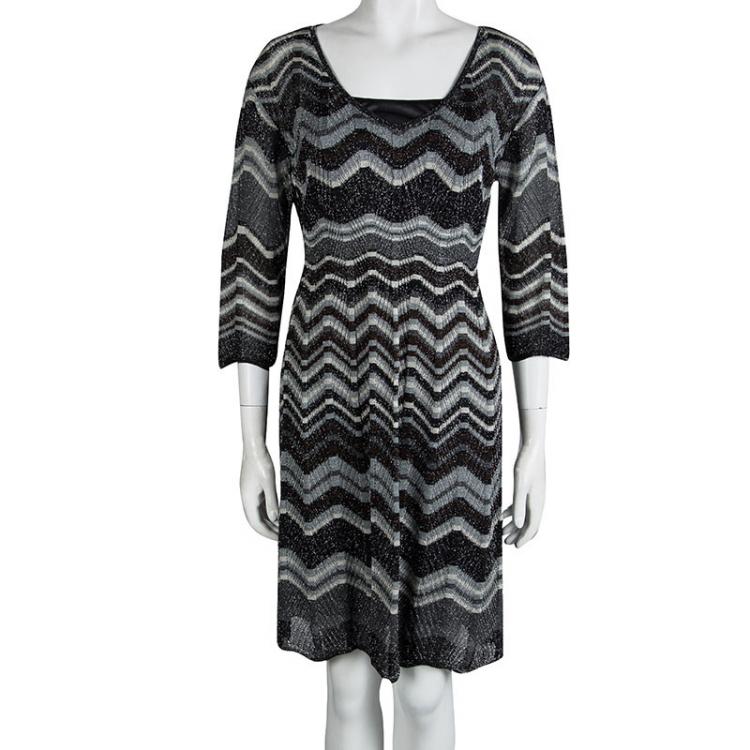 Pre Owned M Missoni Multicolor Lurex Knit Chevron Pattern Long Sleeve Dress M