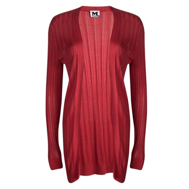 Pre Owned M Missoni Red Perforated Knit Open Front Cardigan S