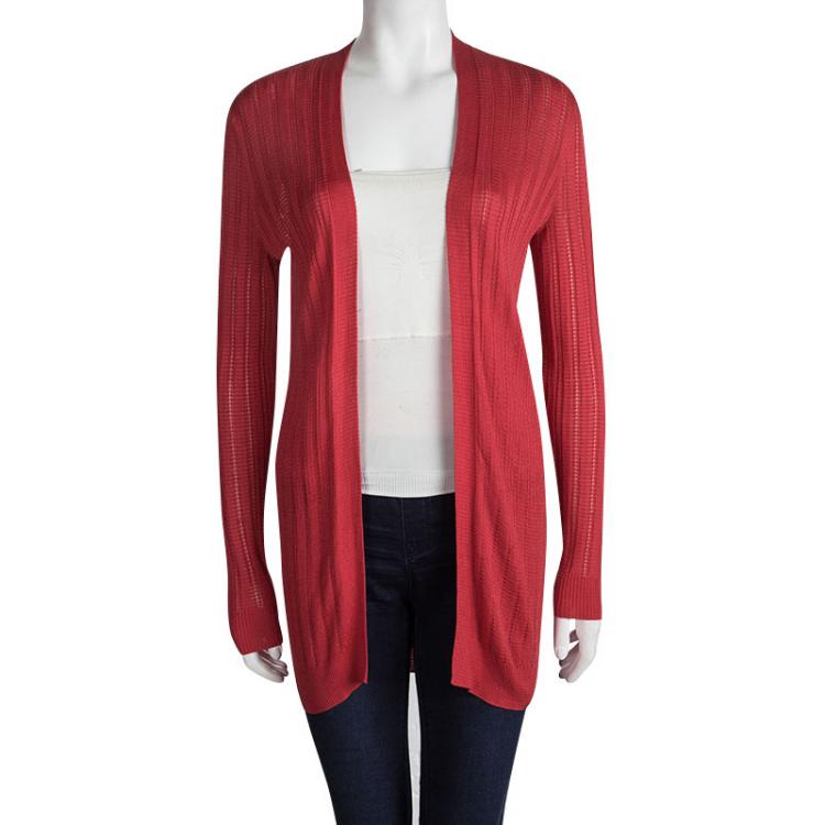 Pre Owned M Missoni Red Perforated Knit Open Front Cardigan S