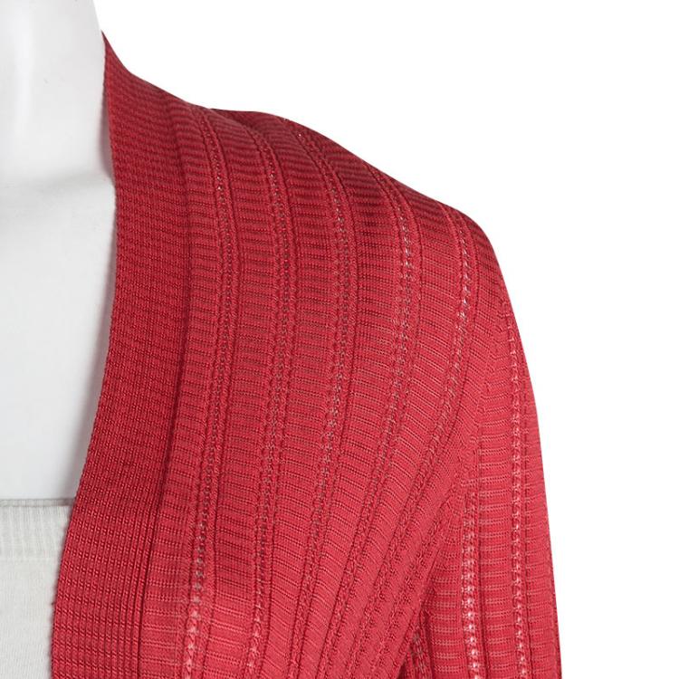 Pre Owned M Missoni Red Perforated Knit Open Front Cardigan S