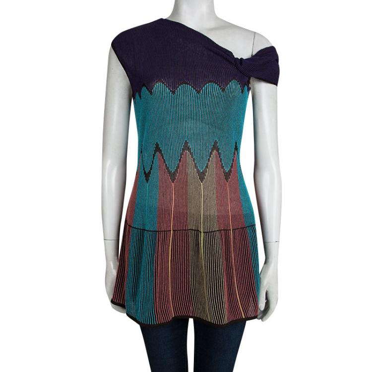 Pre Owned M Missoni Multicolor Patterned Rib Knit Knotted Neckline Detail Sleeveless Top M