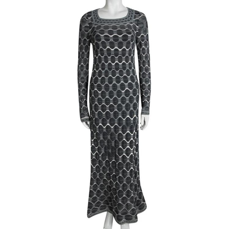 Pre Owned M Missoni Grey Patterned Knit Long Sleeve Maxi Dress S