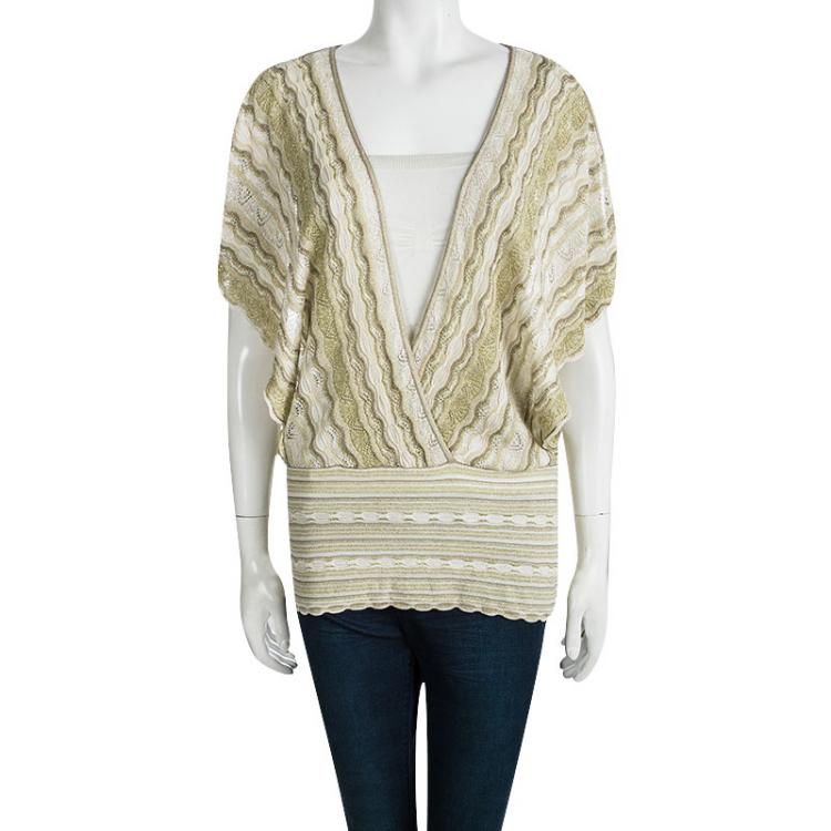 Pre Owned M Missoni Beige Perforated Lurex Knit Crossover Top L