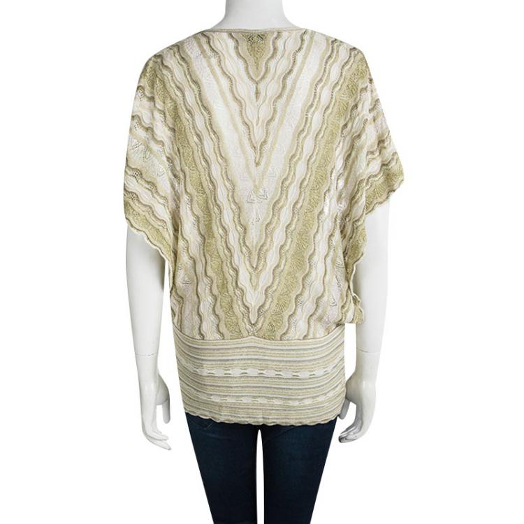 Pre Owned M Missoni Beige Perforated Lurex Knit Crossover Top L