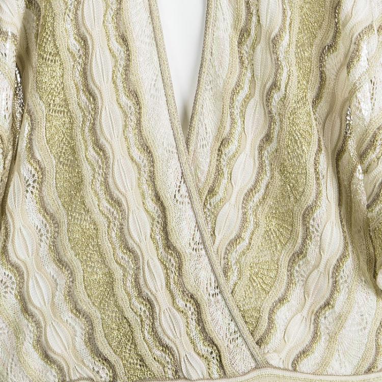 Pre Owned M Missoni Beige Perforated Lurex Knit Crossover Top L