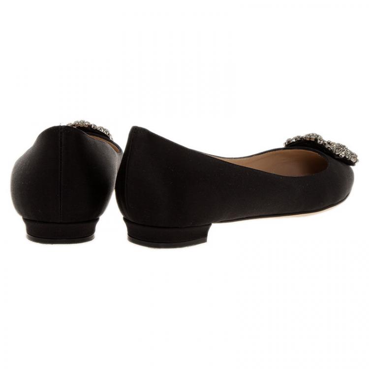 Pre Owned Manolo Blahnik Black Satin Hangisi Ballet Flats Size 37.5
