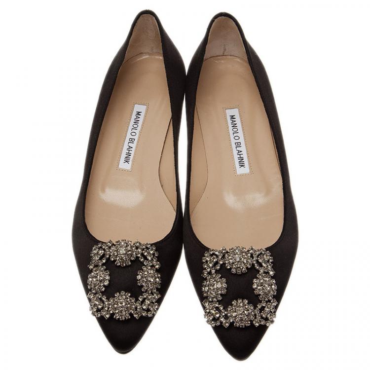 Pre Owned Manolo Blahnik Black Satin Hangisi Ballet Flats Size 37.5