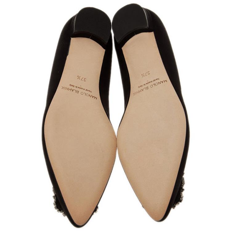 Pre Owned Manolo Blahnik Black Satin Hangisi Ballet Flats Size 37.5