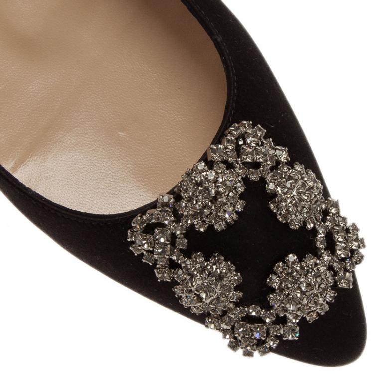 Pre Owned Manolo Blahnik Black Satin Hangisi Ballet Flats Size 37.5