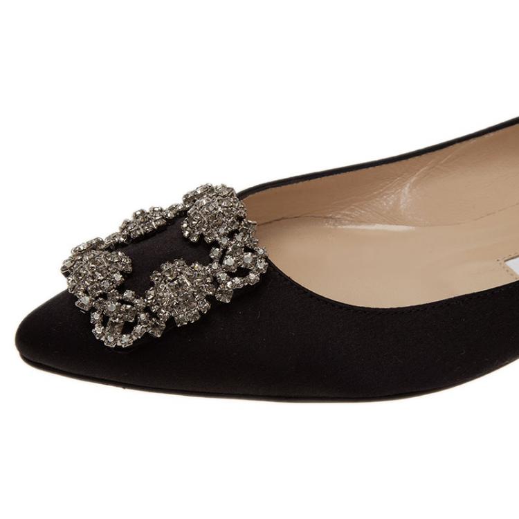 Pre Owned Manolo Blahnik Black Satin Hangisi Ballet Flats Size 37.5