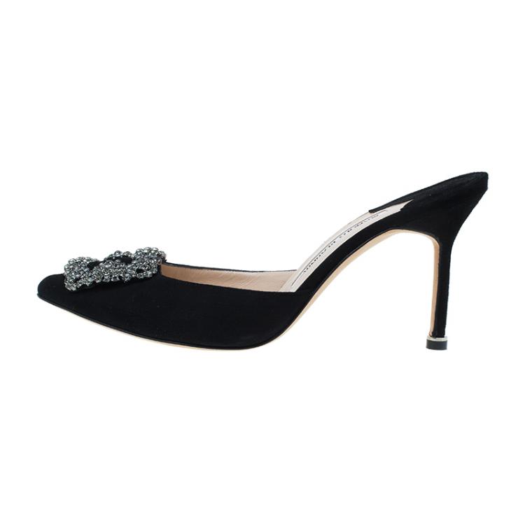 Pre Owned Manolo Blahnik Black Satin Hangisi Mules Size 37.5