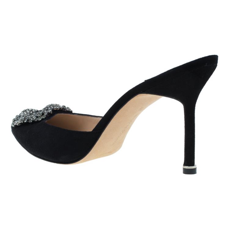 Pre Owned Manolo Blahnik Black Satin Hangisi Mules Size 37.5